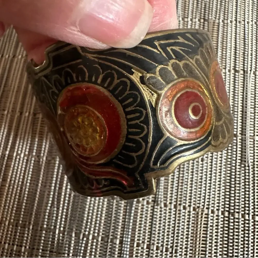 Vintage Brass Owl Cuff Bracelet Enamel India  * flaws 60s 70s 80s